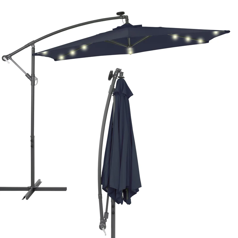 Ampelschirm mit Kurbel und Ständer inkl. LED-Solar Ø 300 cm Navy-Blau aus Polyester