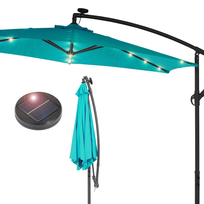 Ampelschirm mit Kurbel und Ständer inkl. LED-Solar Ø 300 cm Türkis aus Polyester
