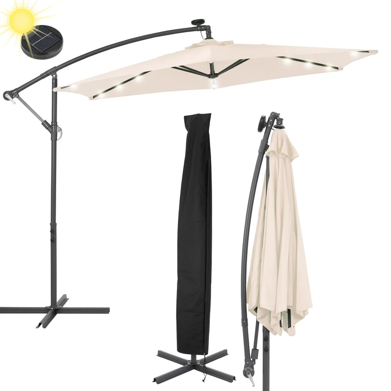 Sonnenschirm mit LED-Solar Creme Ø 300 cm mit Kurbel inkl. Abdeckung Ampelschirm