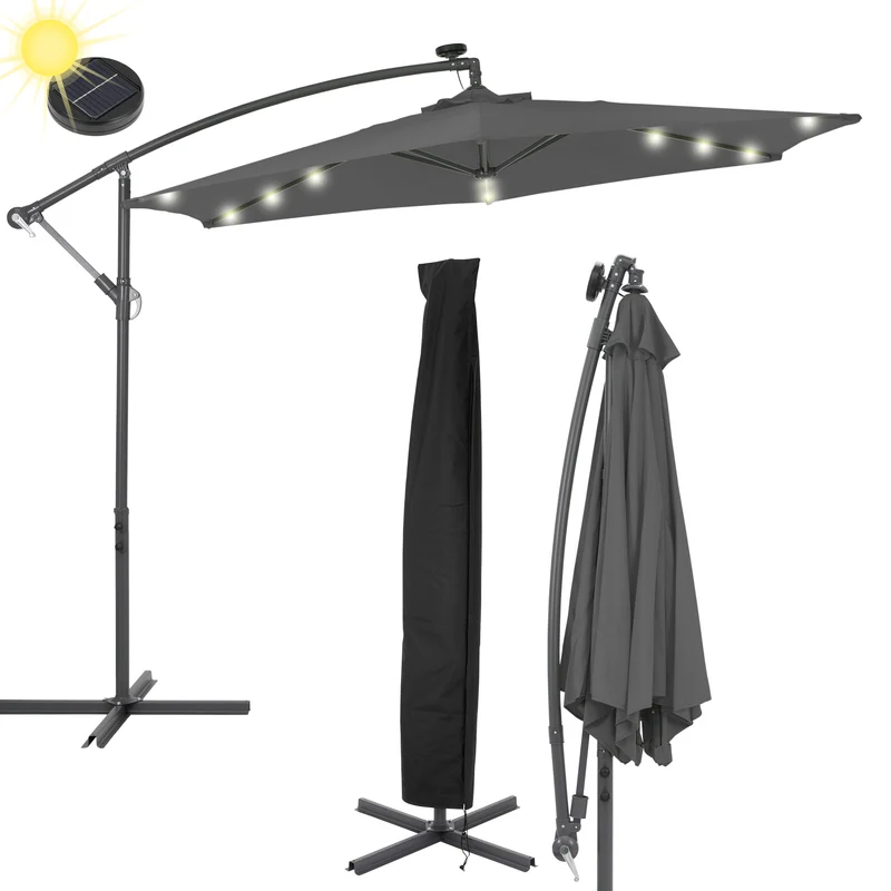 Sonnenschirm mit LED-Solaranthrazit Ø 300cm mit Kurbel inkl. Abdeckung