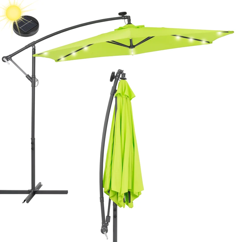 Ampelschirm mit LED-Solar und Kurbel Grün Ø 300 cm aus Aluminium und Polyester