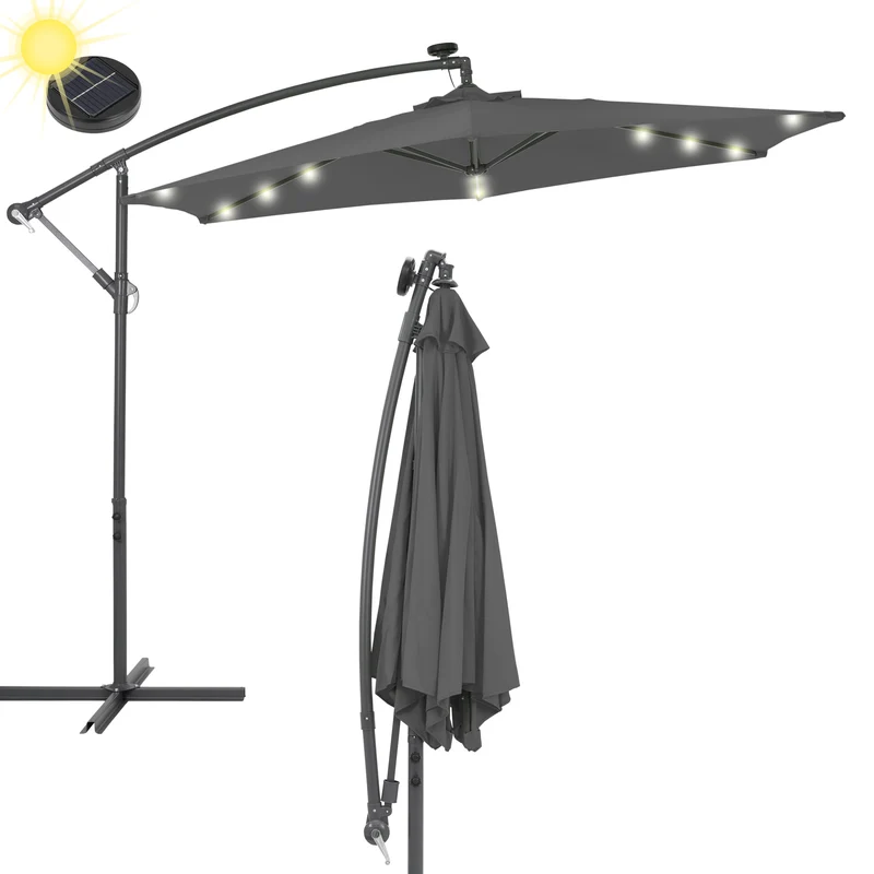 Ampelschirm mit LED-Solar und Kurbel anthrazit Ø 300 cm aus Aluminium und Polyester