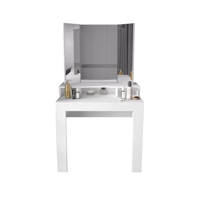 Schminktisch Frisiertisch 89,5x155x43,5 cm in Weiß mit Spiegel 3-tlg, 3 Ablagen & Hocker ML-Design