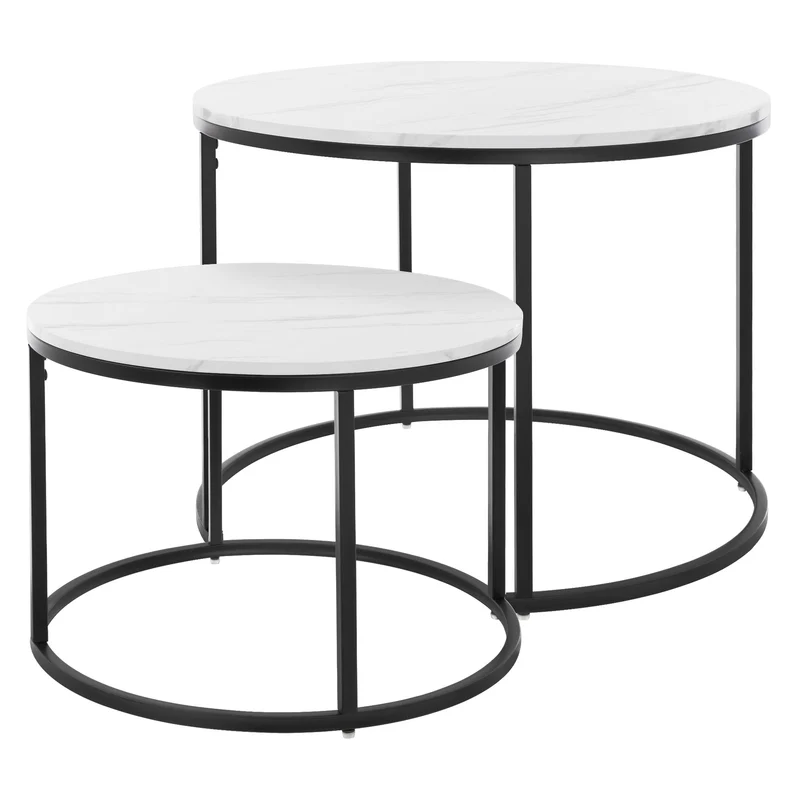 Beistelltisch 2er Set, 50cm & 60cm Ø, Schwarz/Weiß aus Metall und Holz in Marmoroptik ML-Design