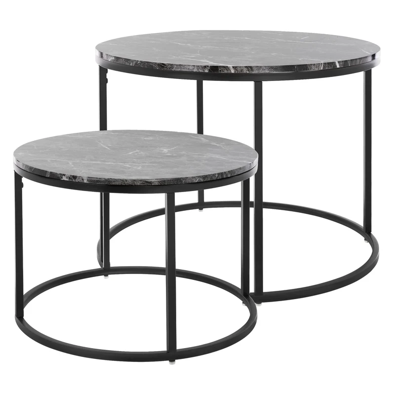 Beistelltisch 2er Set, 50cm & 60cm Ø, Schwarz aus Metall und Holz in Marmoroptik ML-Design