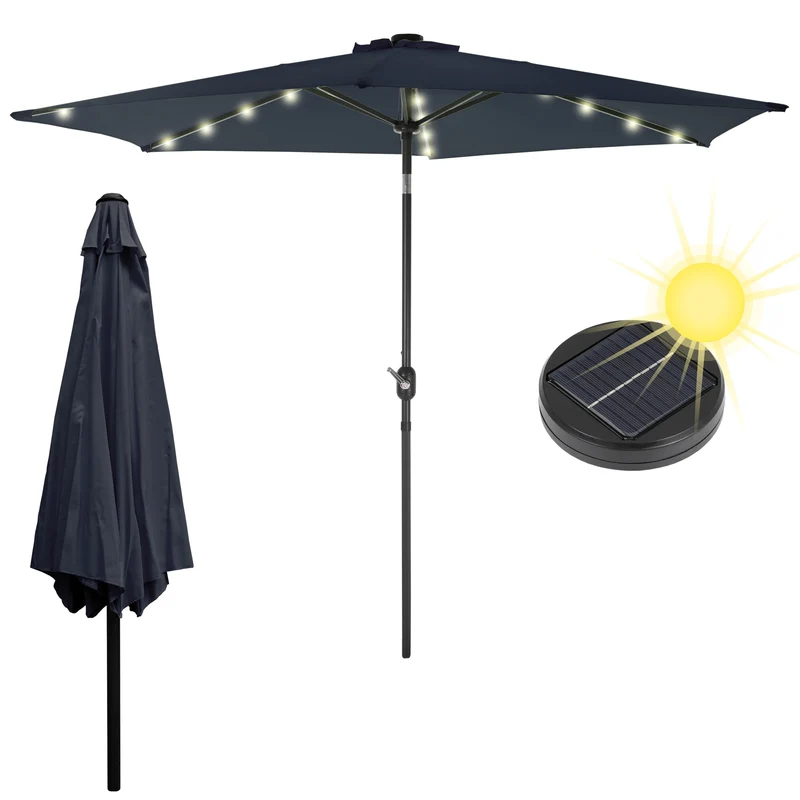 Sonnenschirm mit Kurbel inkl. LED-Solar Ø 300 cm Navy-Blau aus Polyester