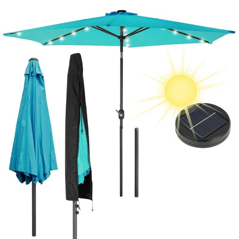 Sonnenschirm mit LED-Solar türkis Ø 300 cm mit Kurbel inkl. Abdeckung
