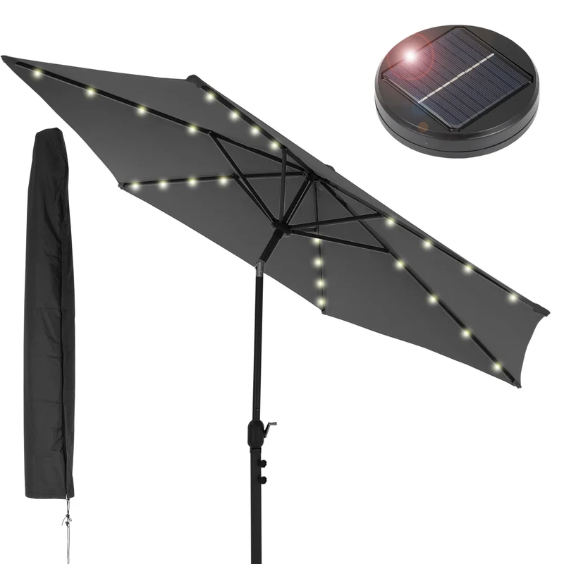 Sonnenschirm mit LED-Solar, anthrazit, Ø300 cm, mit Kurbel inkl. Abdeckung