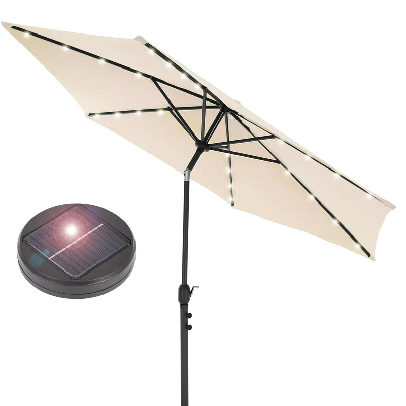 Sonnenschirm mit LED-Solar und Kurbel Creme Ø 300 cm aus Aluminium und Polyester