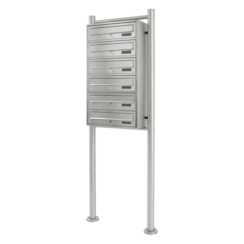 Briefkastenanlage mit Standfuß 6 Fach silber, 50x150x27 cm, aus Edelstahl