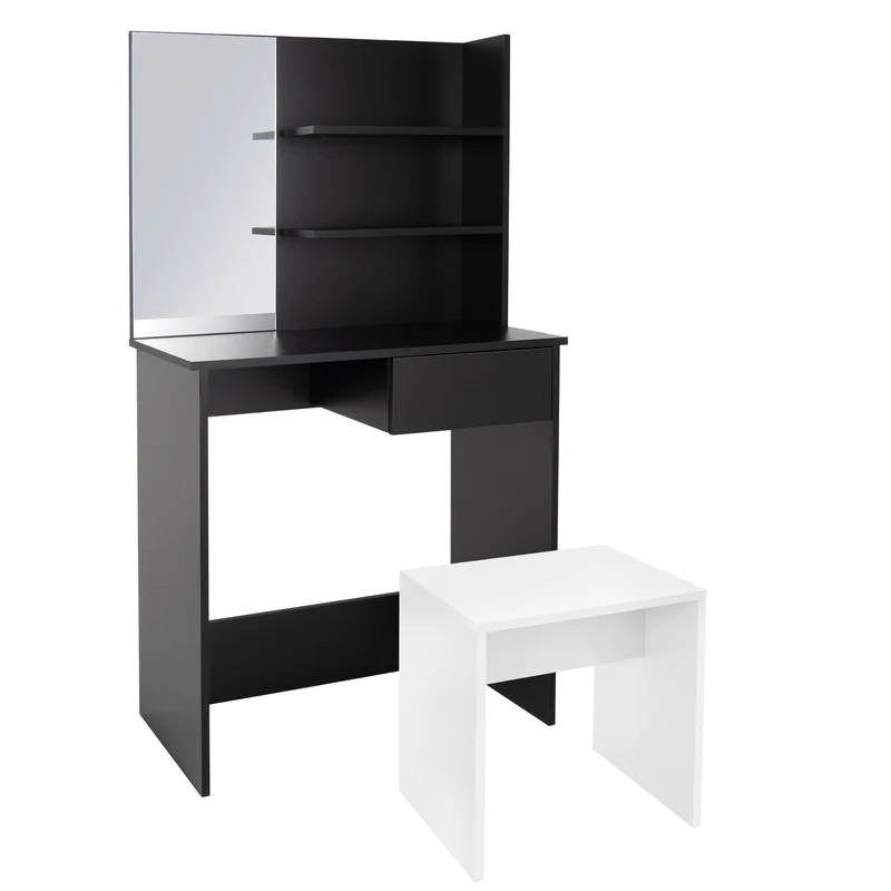 Schminktisch Frisiertisch 75x40x135 cm in Schwarz mit Spiegel, Schublade, 3 Ablagen & Hocker in Weiß ML-Design