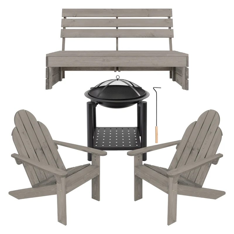 Gartenbank aus Massivholz im Set mit Feuerschale