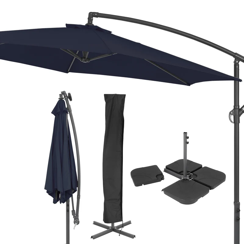 Sonnenschirm mit Kurbel inkl. Abdeckung und Ständer Ø 300 cm Navy-Blau aus Polyester