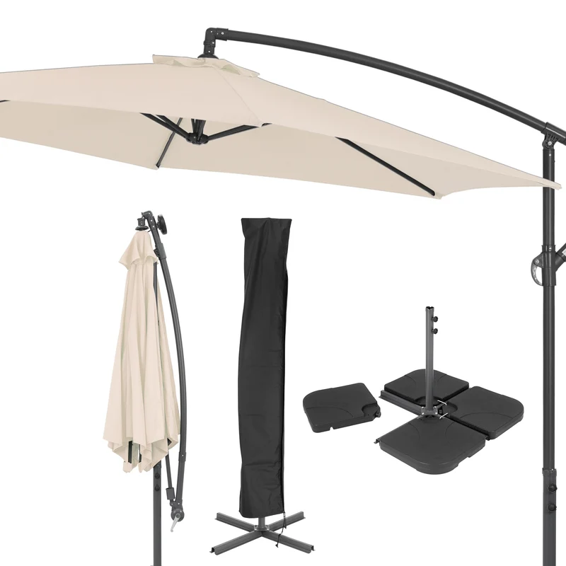 Sonnenschirm mit Kurbel und Abdeckung inkl. Ständer Ø 300 cm Creme aus Aluminium und Polyester