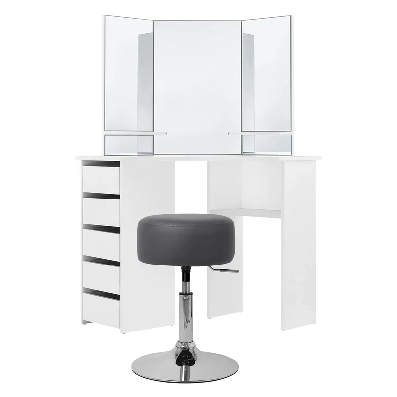 Schminktisch Frisiertisch 110x141,5x54 cm in Weiß mit Spiegel 3-tlg, 5 Schubladen, Ablage & Hocker Drehbar in Schwarz ML-Design