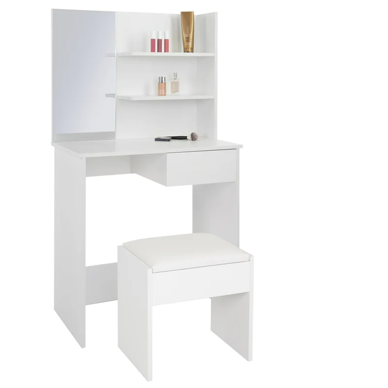 Schminktisch Frisiertisch 75x40x135 cm in Weiß/Natur mit Spiegel, Schublade & Hocker ML-Design