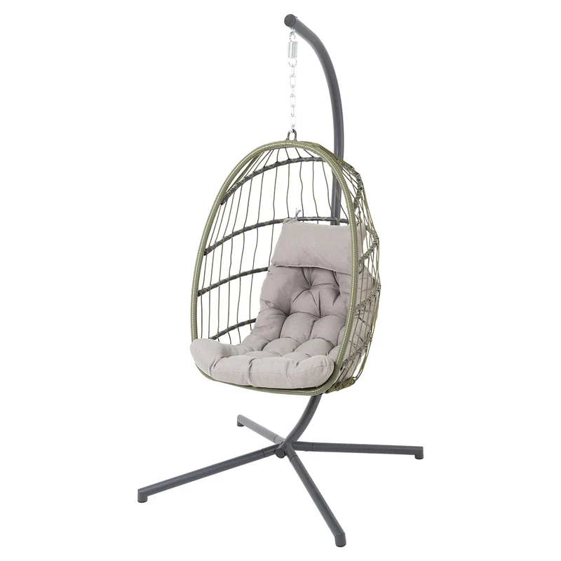 Hängesessel Grün mit Gestell und Kissen aus Stahl und Polyrattan-Geflecht