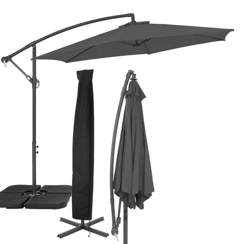 Sonnenschirm mit Kurbel inkl. Abdeckung und Gewicht für Ständer Ø 270 cm Grau aus Polyester