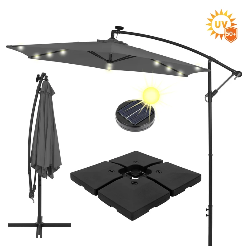 Ampelschirm mit LED Lichter solarbetrieben Ø 300 cm Anthrazit inklusive Schirmständer 90L/120kg