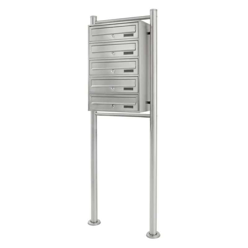 Briefkastenanlage mit Standfuß 5 Fach Silber 50x150x27 cm aus Edelstahl