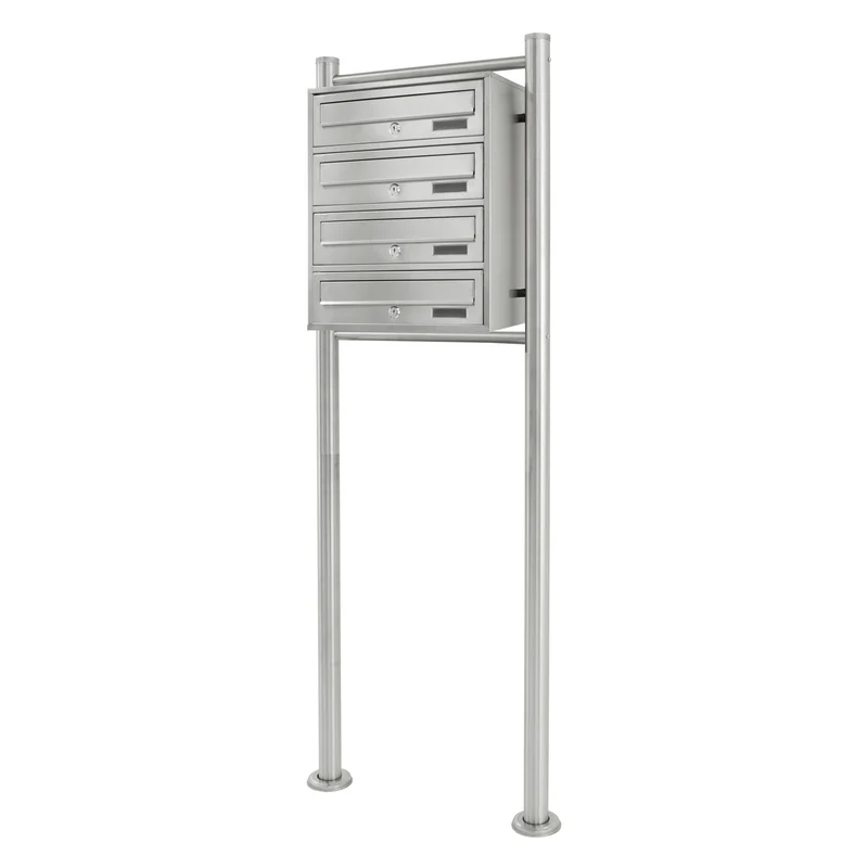 Briefkastenanlage mit Standfuß 4 Fach Silber 50x150x27 cm aus Edelstahl
