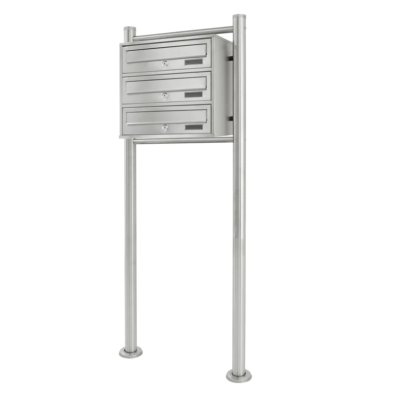 Briefkastenanlage mit Standfuß 3 Fach Silber 50x120x27 cm aus Edelstahl