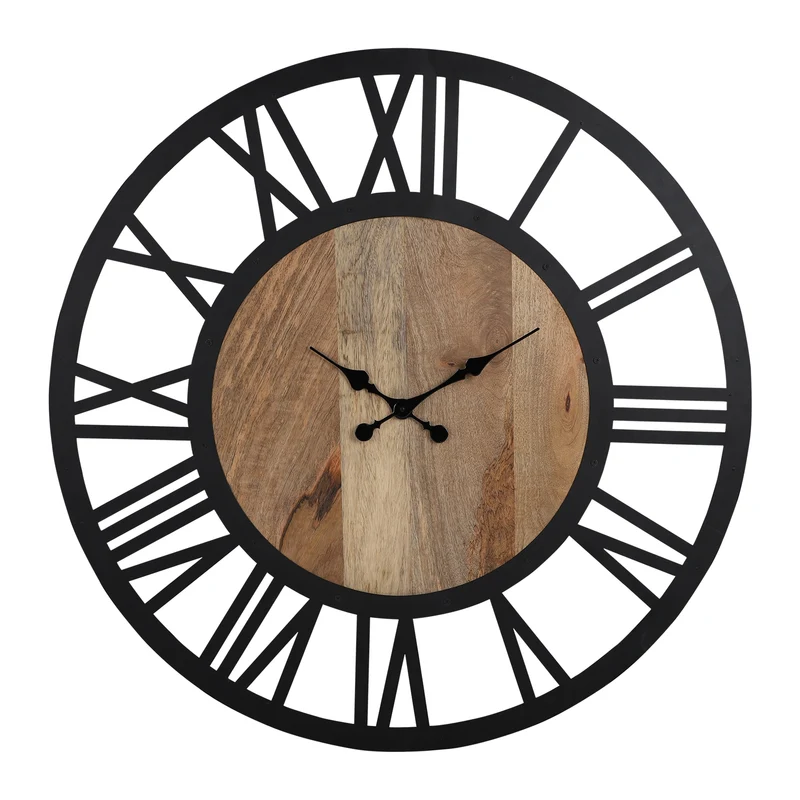 Große Wanduhr Ø 60 cm Schwarz/Natur aus Eisen mit römischen Ziffern WOMO-Design