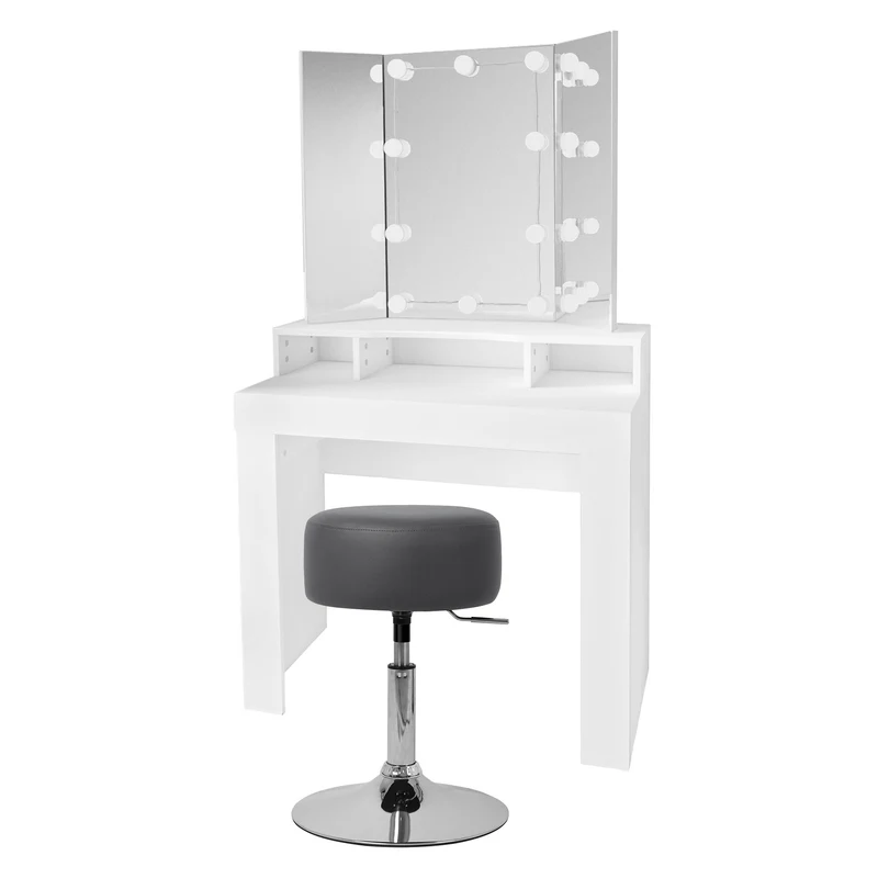 Schminktisch Frisiertisch 89,5x155x43,5 cm in Weiß mit LED Beleuchtung 3-tlg, Spiegel, Schublade & Hocker Drehbar ML-Design