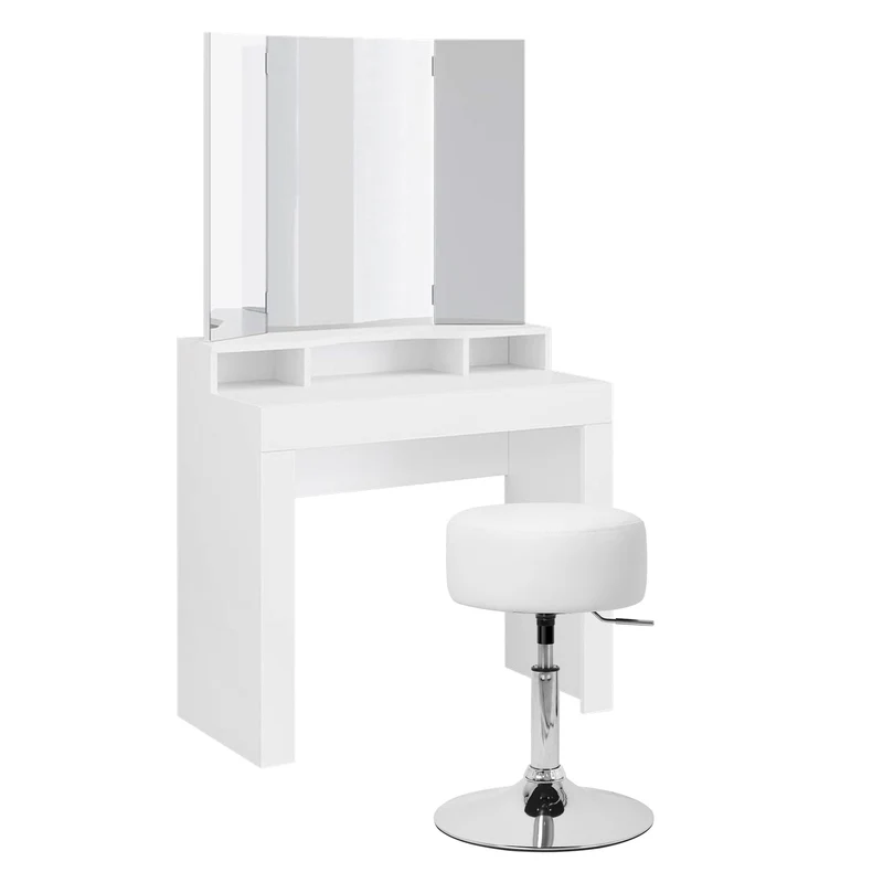 Schminktisch Frisiertisch 89,5x155x43,5 cm in Weiß mit Spiegel 3-tlg, 3 Ablagen & Hocker Drehbar in ML-Design
