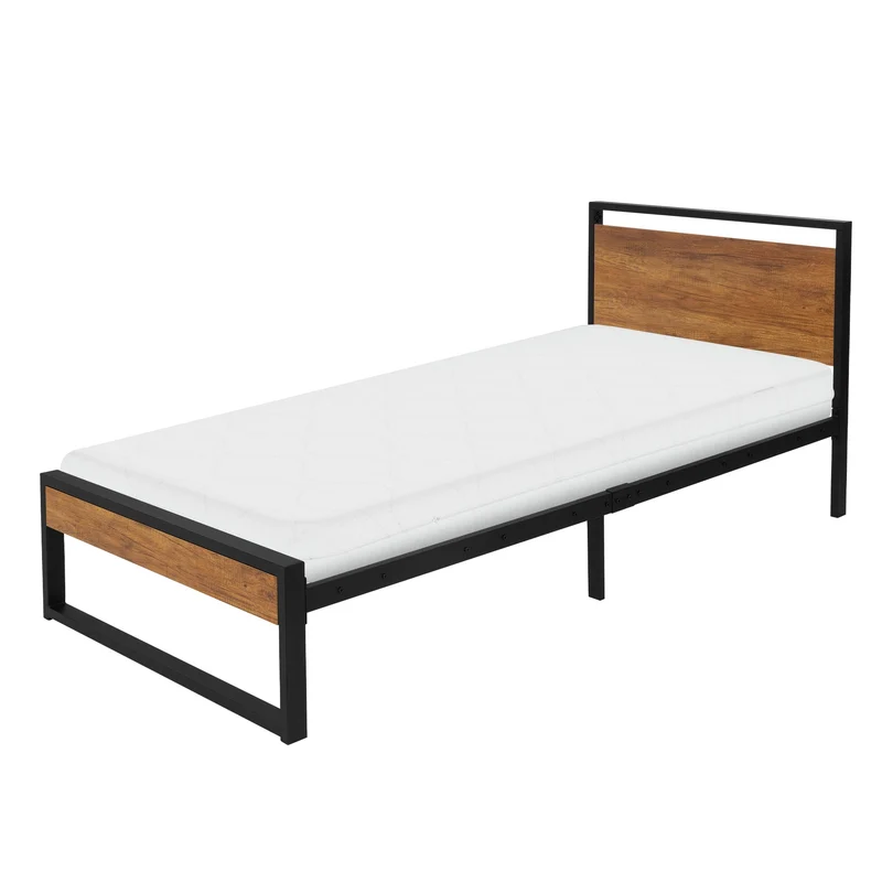 Bettgestell Einzelbett 90x200cm aus Metall in Schwarz mit Kopf- & Fußteil aus Holz, Lattenrost & Matratze H-16cm ML-Design