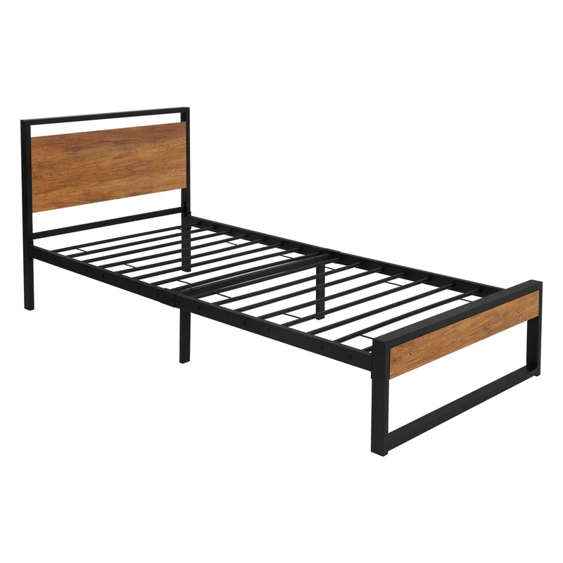 Bettgestell Einzelbett 90x200cm aus Metall in Schwarz mit Kopf- & Fußteil aus Holz & Lattenrost ML-Design