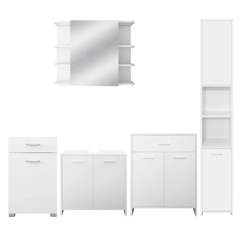 Badmöbel Badezimmermöbel Set 5-Teilig Spiegelschrank Hochschrank Unterschrank Midischrank Wäscheschrank in Weiß ML-Design