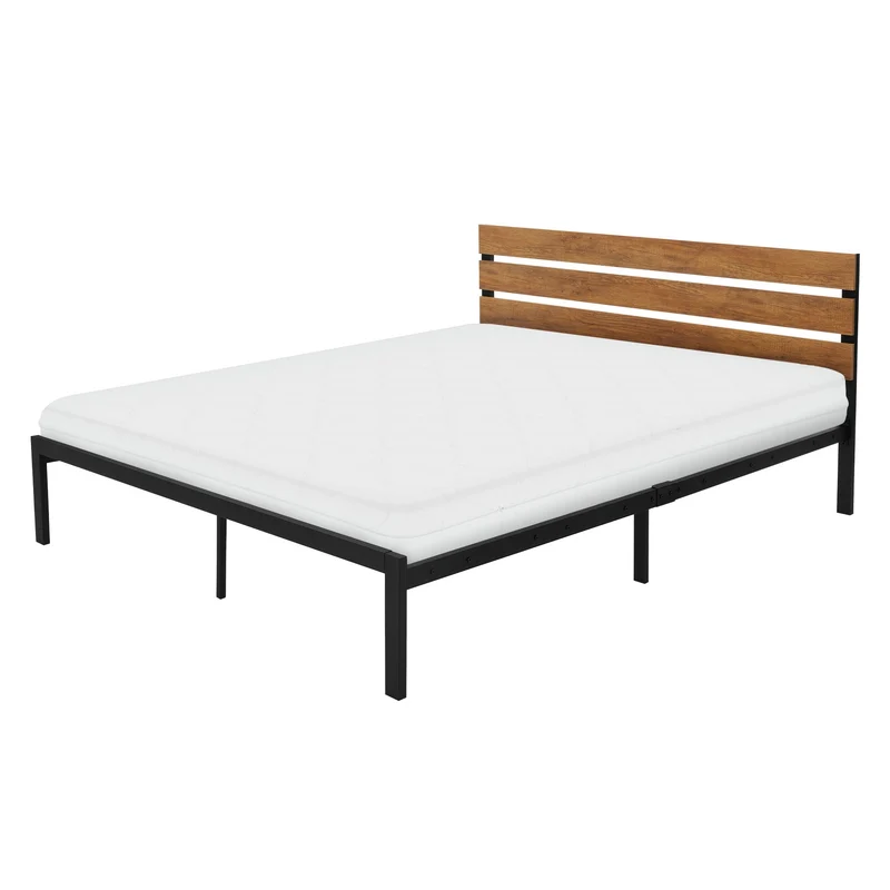 Metallbett 160x200 cm Schwarz/Braun mit Lattenrost und Matratze mit Holz Kopfteil ML-Design