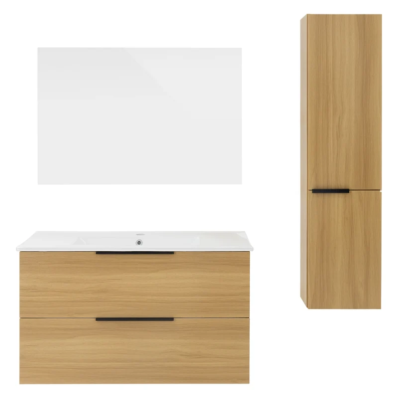 Badmöbel Badezimmermöbel Set 4-Teilig Spiegelschrank Unterschrank Waschbecken Hochschrank Optik in Teak ML-Design