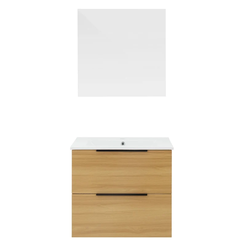 Badmöbel Badezimmermöbel Set 3-Teilig Spiegelschrank Unterschrank Waschbecken Optik in Teak ML-Design