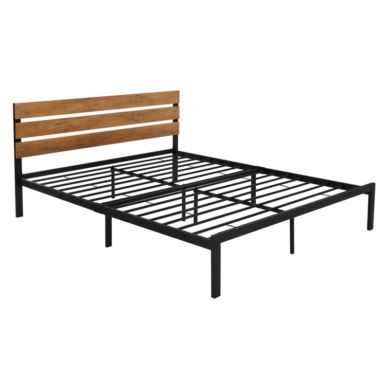 Metallbett Bettgestell mit Lattenrost 160x200 cm Schwarz/Braun mit Holz Kopfteil ML-Design