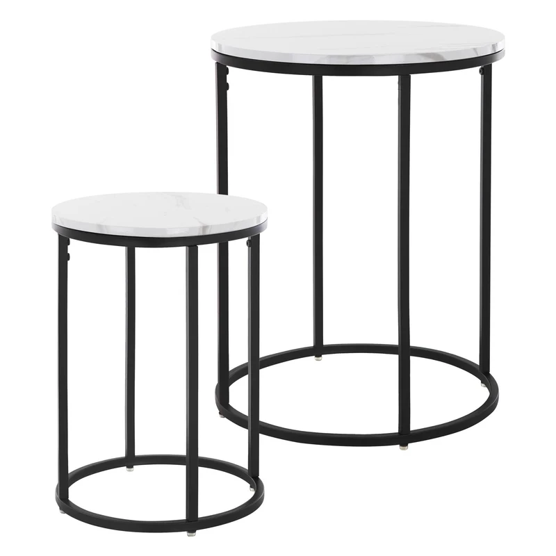 Beistelltisch 2er Set, 30cm & 40cm Ø Schwarz/Weiß aus Metall und Holz in Marmoroptik ML-Design