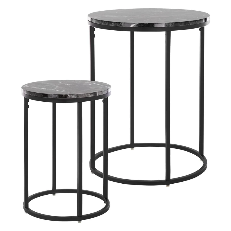 Beistelltisch 2er Set, 30cm & 40cm Ø Schwarz aus Metall und Holz in Marmoroptik ML-Design