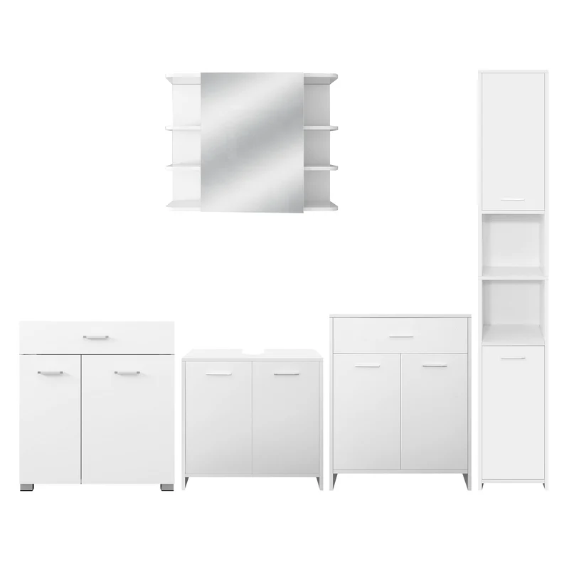 Badmöbel Badezimmermöbel Set 5-Teilig Spiegelschrank Hochschrank Unterschrank Midischrank Wäscheschrank in Weiß ML-Design