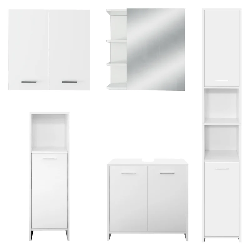Badmöbel Badezimmermöbel Set 5-Teilig Spiegelschrank Hochschrank Unterschrank Midischrank Hängeschrank in Weiß ML-Design
