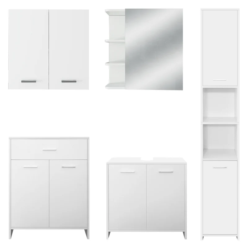Badmöbel Badezimmermöbel Set 5-Teilig Spiegelschrank Hochschrank Unterschrank Midischrank Hängeschrank in Weiß ML-Design
