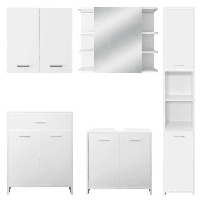 Badmöbel Badezimmermöbel Set 5-Teilig Spiegelschrank Hochschrank Unterschrank Midischrank Hängeschrank in Weiß ML-Design