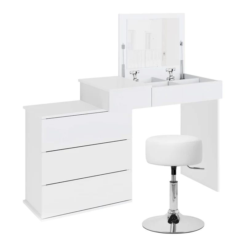 Schminktisch Frisiertisch 117,5x78x45 cm in Weiß mit Klappspiegel, 4 Schubladen & Hocker ML-Design