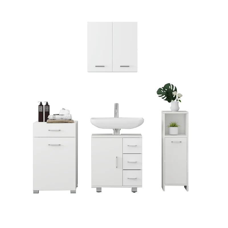 Badmöbel Badezimmermöbel Set 4-Teilig Hochschrank Waschenbeckenunterschrank Midischrank Wäscheschrank in Weiß ML-Design