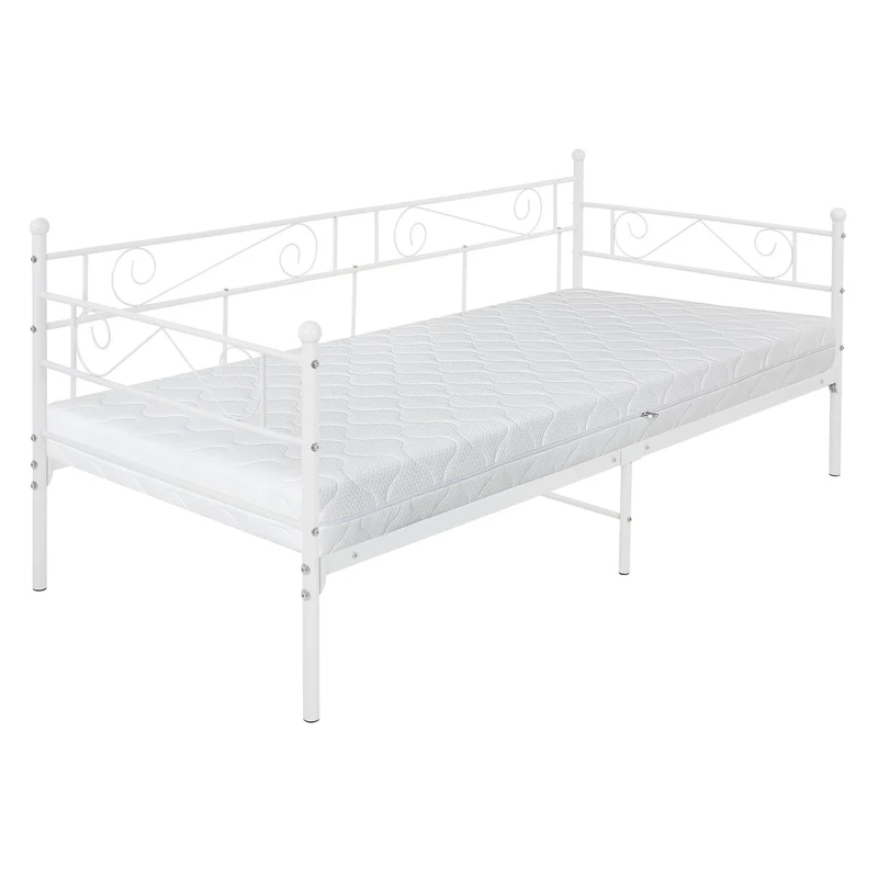 Bettgestell Einzelbett 90x200cm aus Metall in Weiß mit Lattenrost, Seitenwand & Matratze H-16cm ML-Design