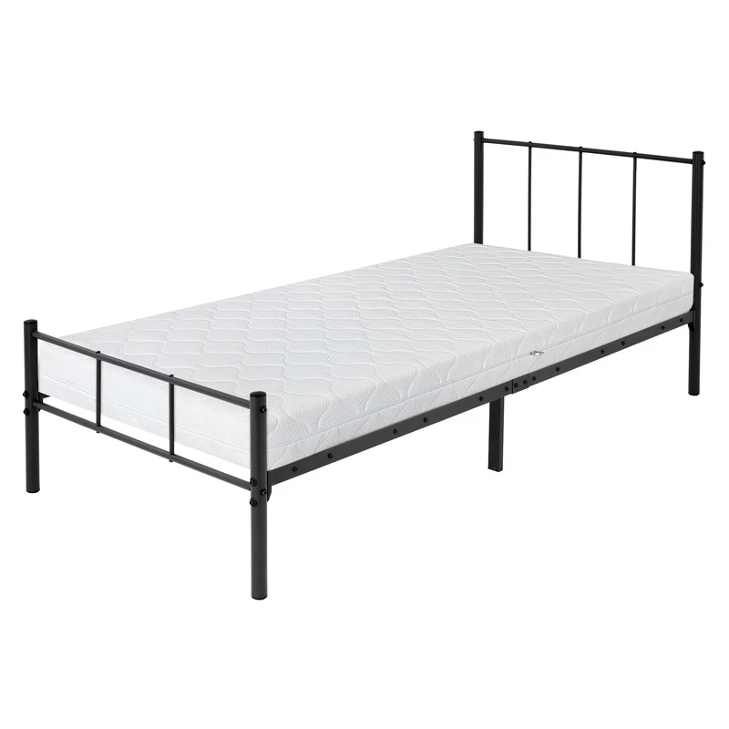 Bettgestell Einzelbett 90x200cm aus Metall in Schwarz mit Lattenrost & Matratze H-16cm ML-Design
