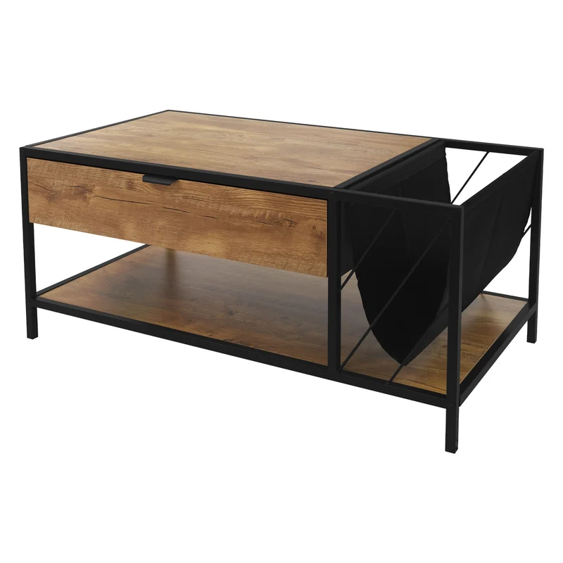 Couchtisch 100x54 cm mit Zeitschriftenfach Eiche Optik Braun Schwarz Wohnzimmertisch ML-Design