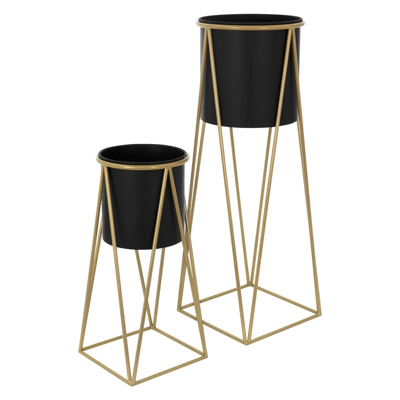 2er Set Blumenständer 21,8x22x47 / 25x25x71 cm Schwarz/Gold aus Stahl ML-Design