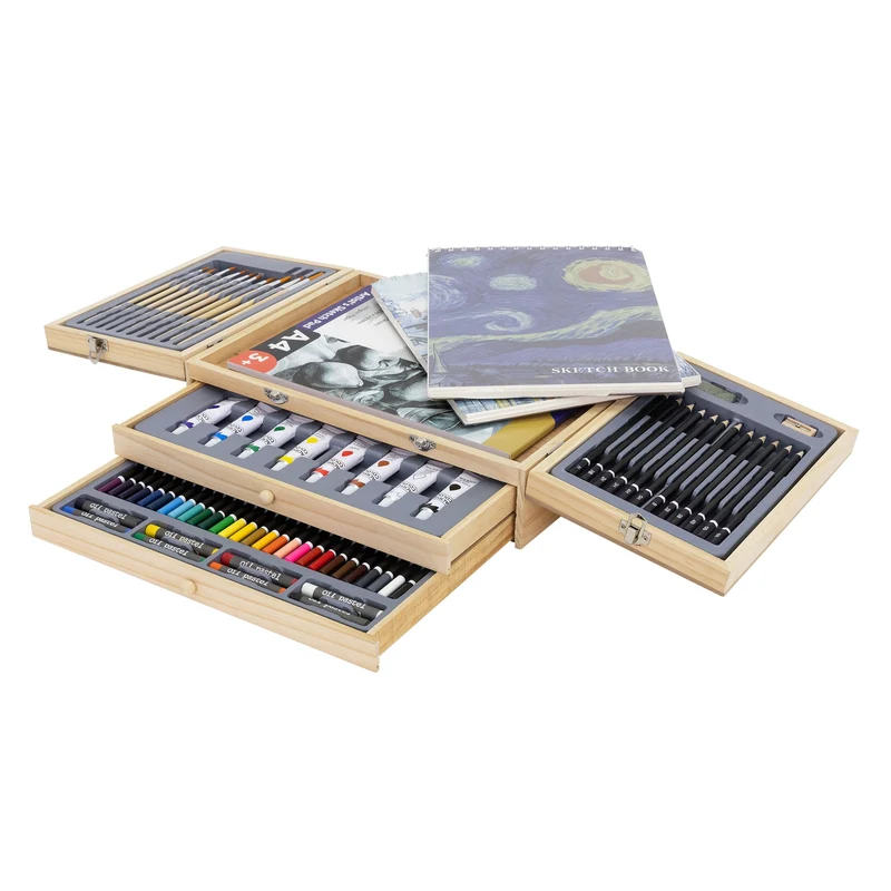 Malkoffer aus Holz 85-Teilig mit Pinseln, Bleistiften, Acrylfarben und Skizzierblöcken
