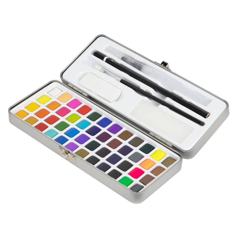 Aquarellfarben Malkasten 48 Farben in Metallbox Silber mit Zubehör